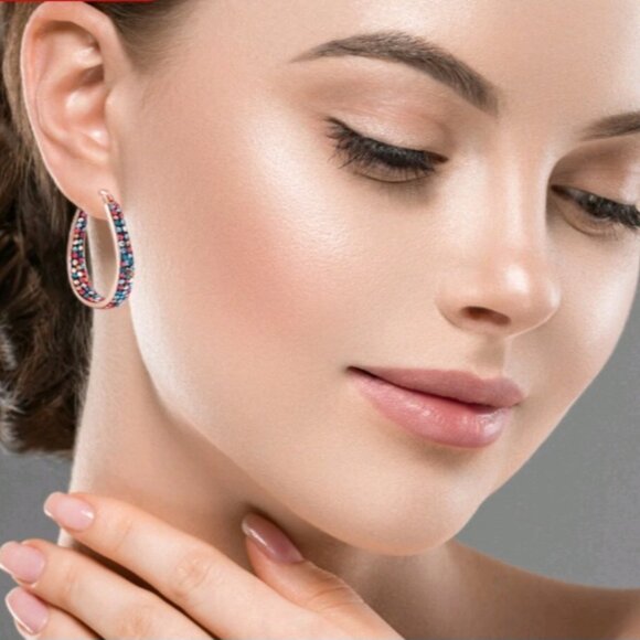 Women's Rose Gold Tone Plated Earring Multi Color with Swarovski Crystal Loops - Picture 3 of 11